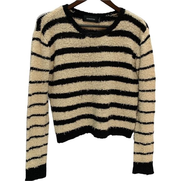 Minkpink Striped Eyelash Beige, Black Round Neck Cropped Sweater Size S - Picture 2 of 8